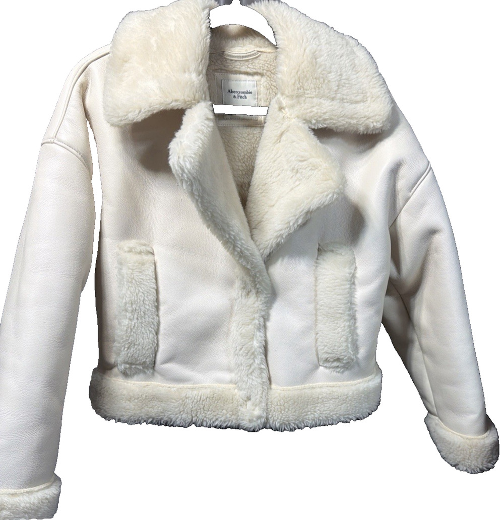 Abercrombie Fitch Sherpa Faux Leather Moto Jacket Cream Mob Wife Winter Sz Sm